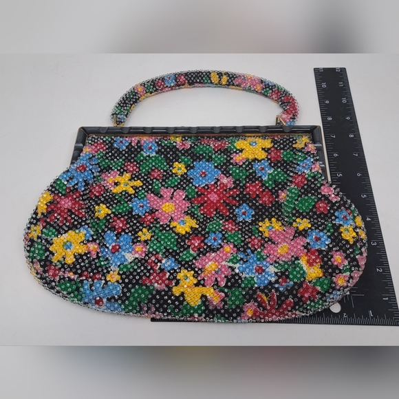 Vintage Beaded Purse Colorful Floral Flowers 80s 90s Hand Bag Satchel - Picture 4 of 11
